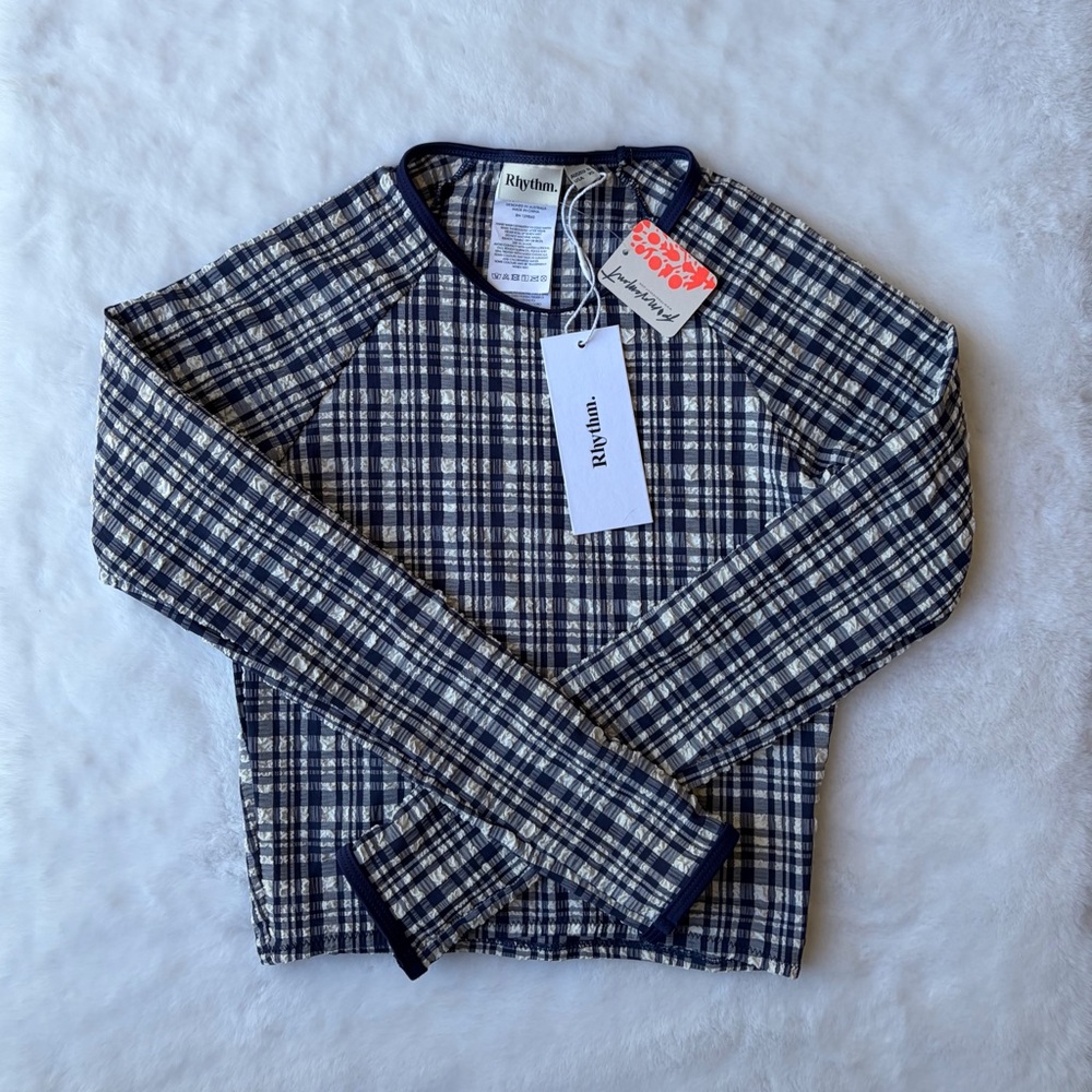 Rhythm Free People Long Sleeve Surf Crop Swim Top Blue Plaid Seersucker